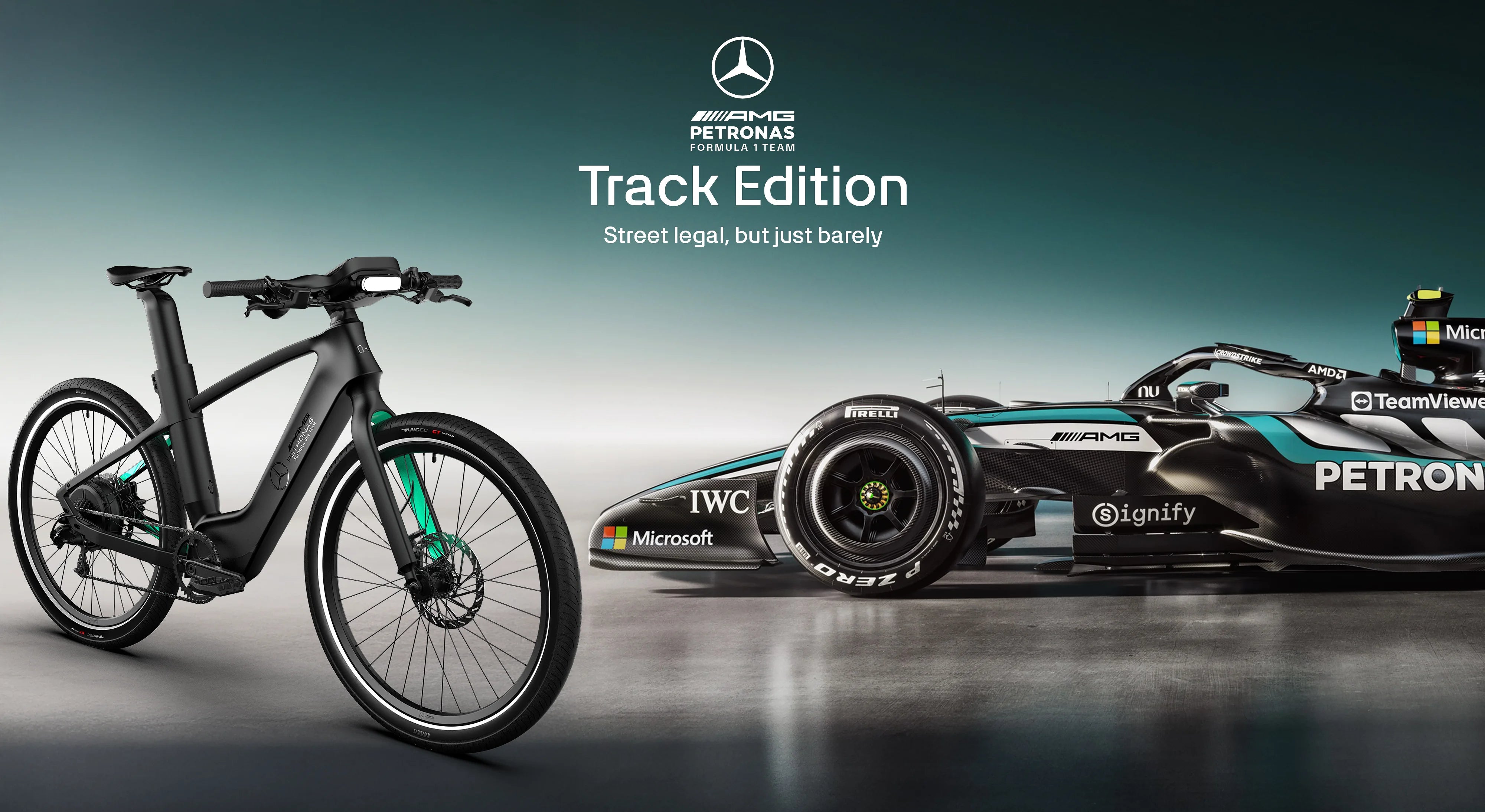 n+ Mercedes-AMG PETRONAS F1® Team Track Edition 250 eBike alongside the Mercedes-AMG F1 race car.