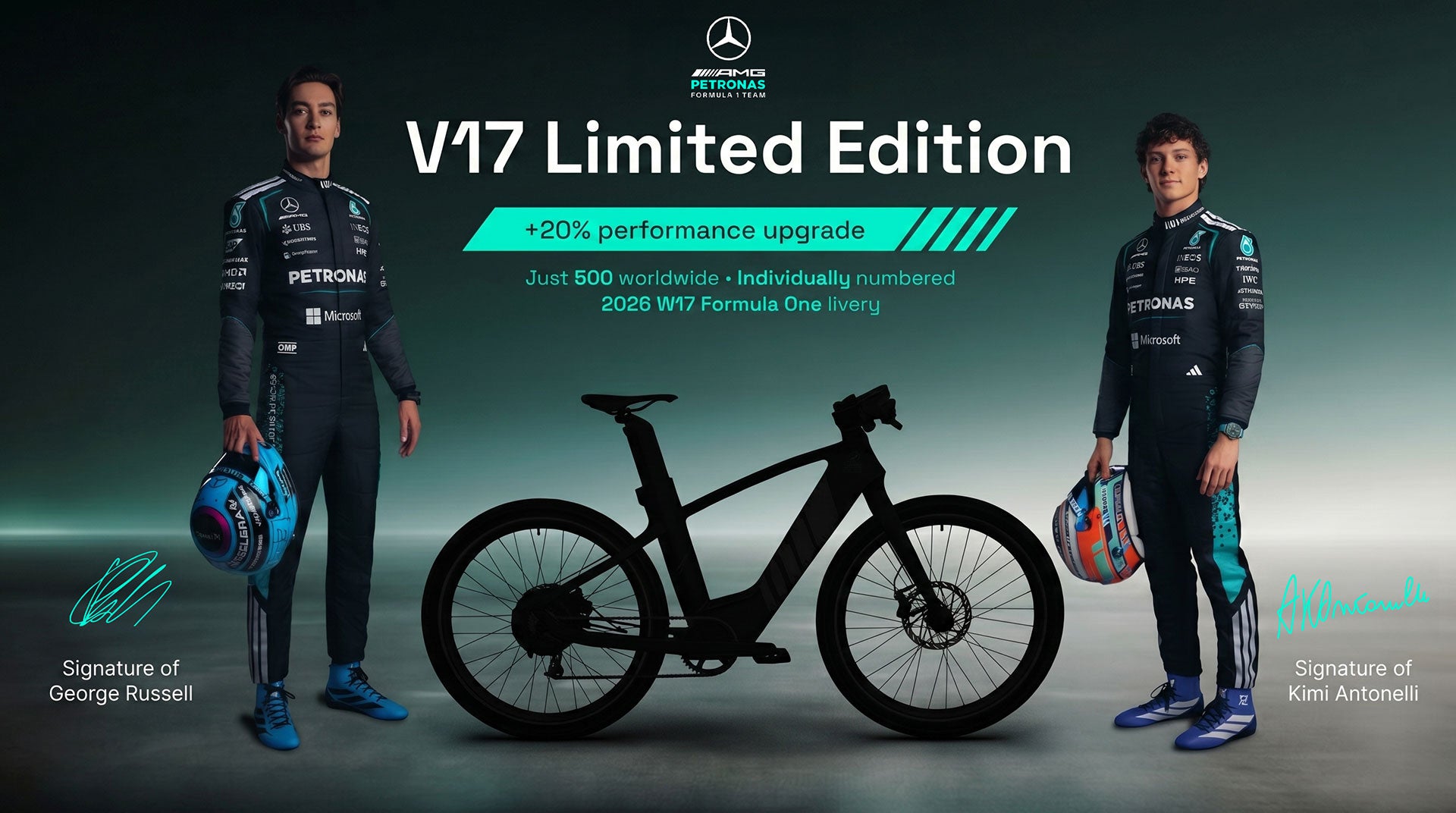 Promotional graphic for the Mercedes V17 Limited Edition bicycle, featuring silhouettes of Formula 1 drivers George Russell and Kimi Antonelli on either side of a black bicycle.